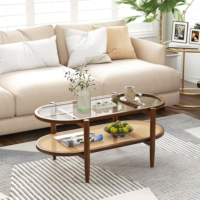 Moccha Boho Coffee Table, 2-Tier Center Table with Tempered Glass Tabletop & PE Rattan Storage Shelf, Mid Century Modern Tea Table with Wood Frame, 40" L Oval Accent Table for Living Room, Office