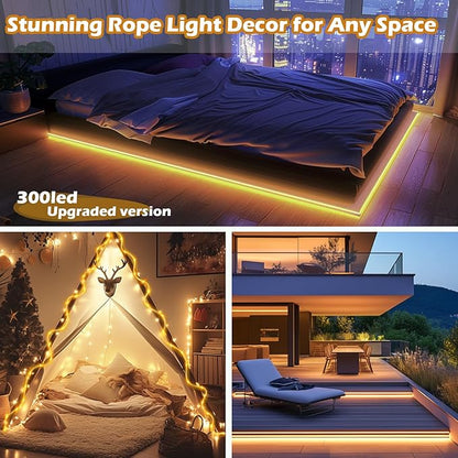 98FT Waterproof 300LEDs Solar Rope Lights, Type C Charging, Remote-Controlled, for Outdoor Pathway Pool Patio Party Garden Yard Palm Tree Holidays (Brighter - Warm White)