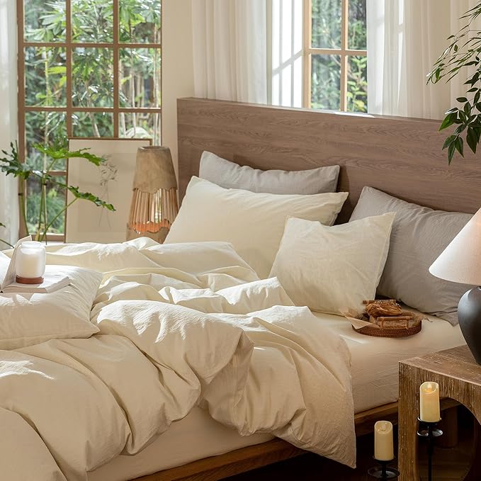 MooMee Wavy Striped Duvet Cover Set 100% Washed Cotton Linen Like Textured Breathable Durable Soft Comfy (Cream White, Super Queen 90"x98")