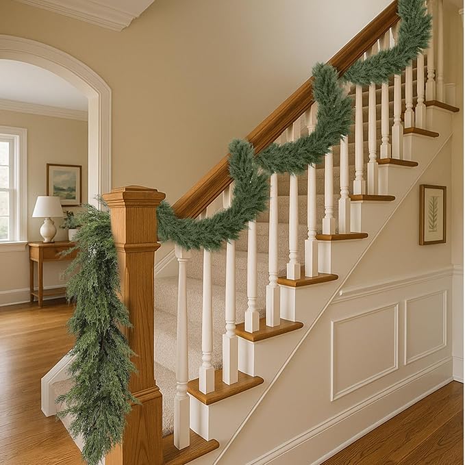 Dingion 1 Pcs 9 ft Christmas Cedar Garland - Thick & Lush, Soft Realistic Artificial Faux Cedar Cypress Pine Garland for Holiday Christmas Winter Home Table Mantel Wall Indoor Seasonal Decoration