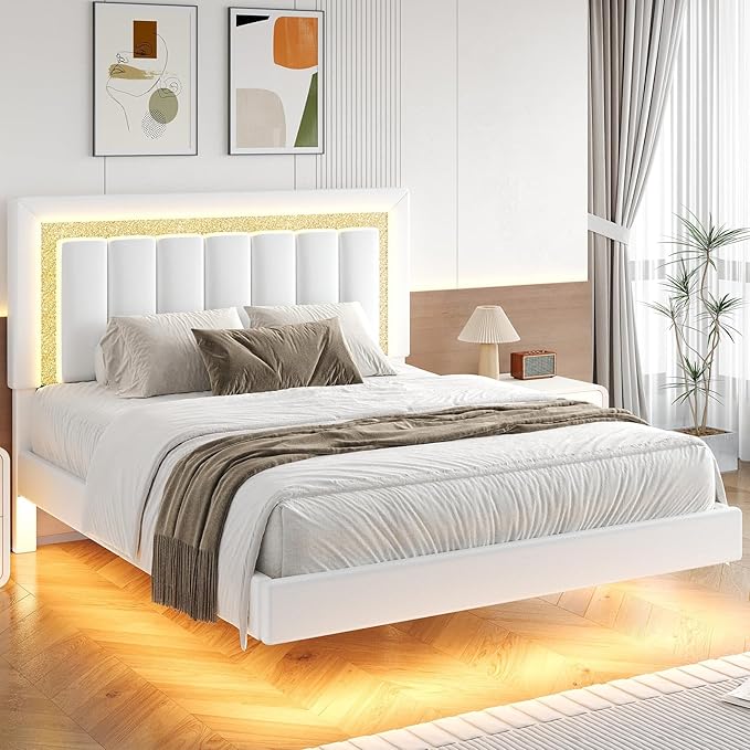 HOMBCK Floating Bed Frame King with Smart LED Lights, Faux Leather Upholstered Bed with Diamond PU Headboard, No Box Spring Needed, Noise-Free, Easy Assembly, White