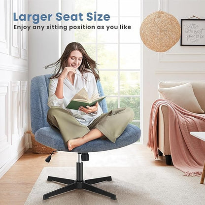 DUMOS Desk Chair No Wheels, Criss Cross Chair Wide Cross Legged Desk Vanity Comfy Chair, Armless Adjustable Swivel Chairs for Home Computer Task Blue