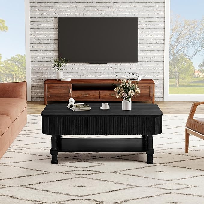 39”Large Lift Top Coffee Table with Hidden Storage Compartment,Fluted Coffee Tables Fully Assembled Wooden Center Table,Mid Century Modern Lift Tabletop Dining Table for Living Room Home Office,Black