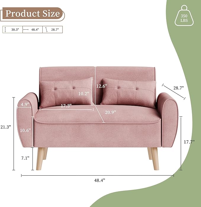 Vongrasig Small Modern Loveseat Sofa 47" Mid Century Linen 2 Seat Couch Tufted Love Seat, Pink