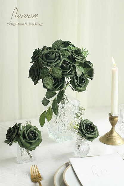 Floroom Artificial Flowers 25pcs Real Looking Emerald Green Foam Fake Roses with Stems for DIY Wedding Bouquets Bridal Shower Centerpieces Floral Arrangements Party Tables Home Decorations