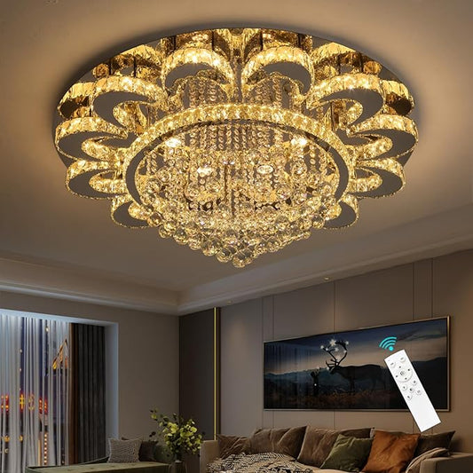 Modern Chandelier Living Room Light Glam Chandeliers Ceiling Light Fixture Remote Dimmable Lights 40 Inches Luxury Crystal Silver Dining Room Lights