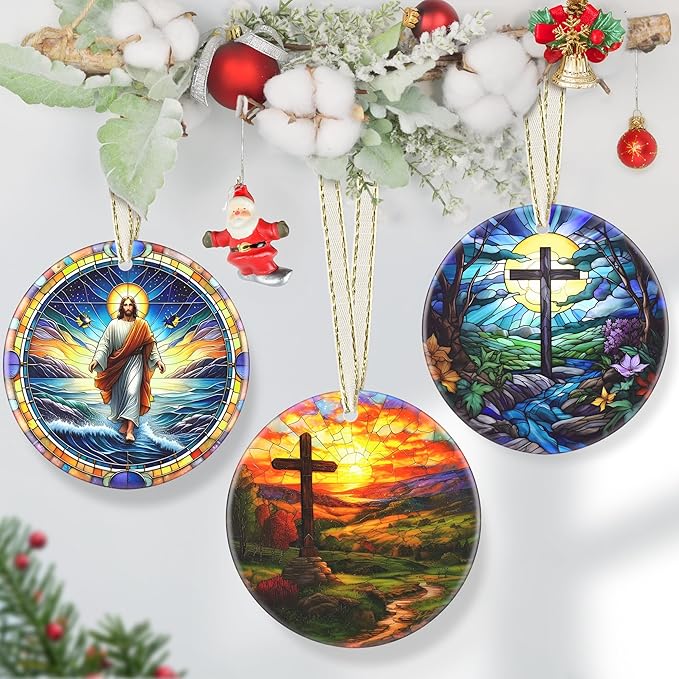 Cross 3.5 Inch Ceramic Christmas Hanging Ornament - Cross Ornament for Christmas Tree, Gift Exchange or Holiday Presents