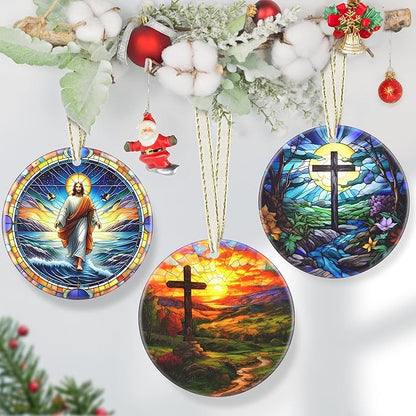 Cross 3.5 Inch Ceramic Christmas Hanging Ornament - Cross Ornament for Christmas Tree, Gift Exchange or Holiday Presents