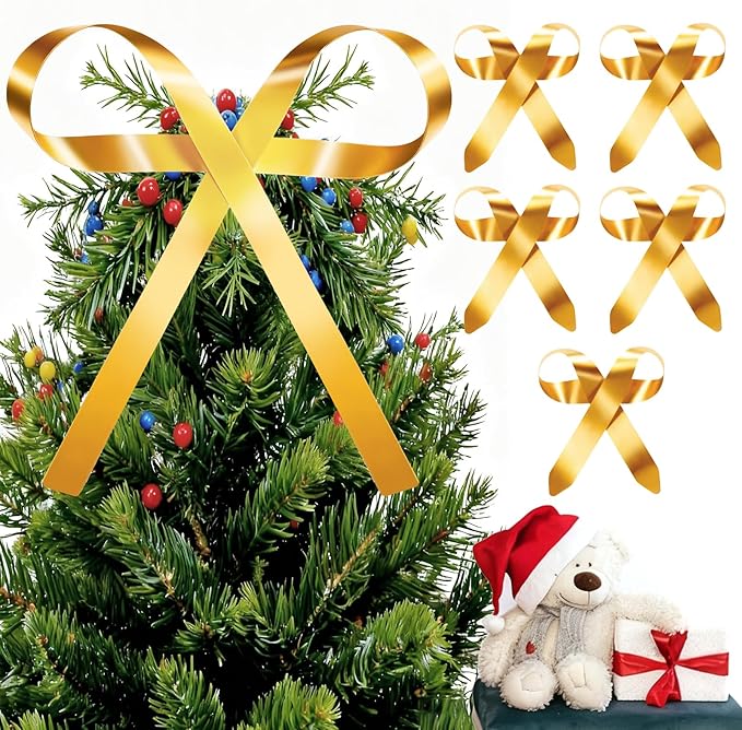 6 Pcs Large Christmas Metal Bow Tree Topper Ornaments with Clip, Bows-Gold Christmas Bow Decoration for Wreath, Garland, Indoor Outdoor,1 Large 5 Small Gold Bows (9.6x11.4 & 4.2x4.5 in)
