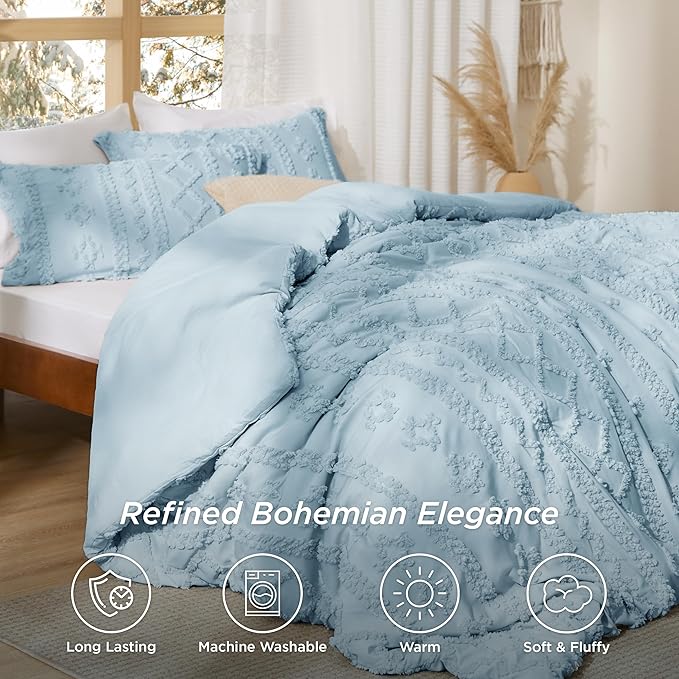 Bedsure Tufted Boho Comforter Set Full Size - Dusty Blue Boho Bed Set, GentleSoft™ 3 Pieces Farmhouse Shabby Chic Embroidery Bedding, Gifts for Woman, Soft Jacquard Full Comforter for All Seasons