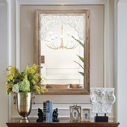 LuxenHome Rectangular Wall Mirror 43" x 27.5" Large Natural Wood Frame Wall Mounted Decorative Farmhouse Accent Mirror for Bathroom Bedroom Entryway Living Room