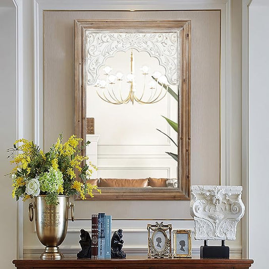 LuxenHome Rectangular Wall Mirror 43" x 27.5" Large Natural Wood Frame Wall Mounted Decorative Farmhouse Accent Mirror for Bathroom Bedroom Entryway Living Room