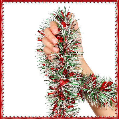 50 Feet Christmas Tinsel Garland Metallic Twist Garland Xmas Tree Decorations Wedding Birthday New Year Hanging Ornaments Party Supplies 3 Inch(Red, Green, White)
