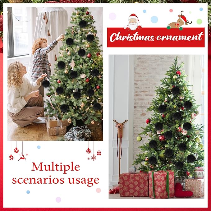 12Pcs Furry Christmas Ball Ornament for Xmas Tree Black Soft Faux Fur Pom Pom Ball Ornaments Christmas Tree Hanging Decorations for Winter Party Home Decor Costume Supplies