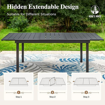 HERA'S HOUSE 7 Pieces Patio Table and Chairs Set, Outdoor Dining Set for 7, 6 x Cushioned Woven Rattan Patio Chairs and 1 x 61”/84” Black Extendable Metal Table, Outdoor Rattan Dining Set for Lawn