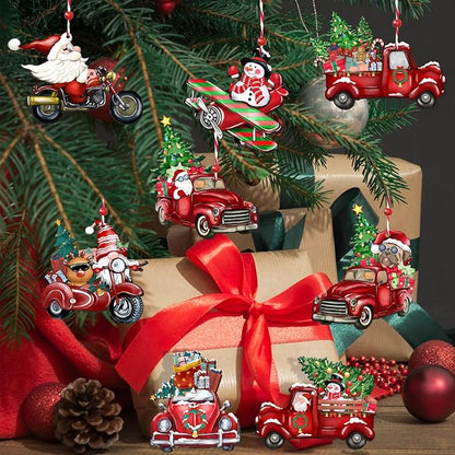 Wooden Christmas Truck Ornaments Red Truck Wooden Hanging Ornaments Wooden Car Crafts with Bead Farmhouse Hanging Decor for Xmas Tree Decoration Holiday Parties Craft Supplies 24 Pieces