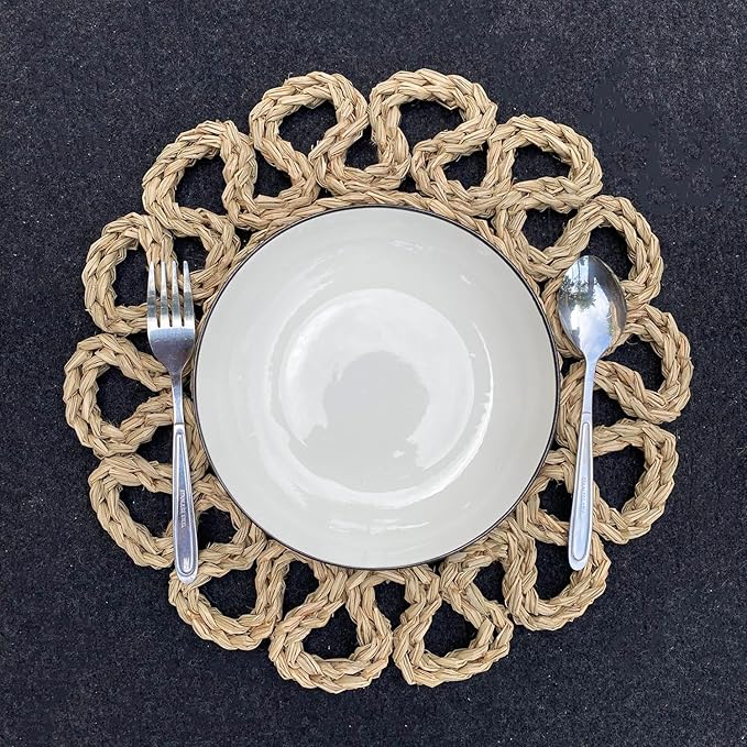 13.8" Set of 10 Round Seagrass Placemats | Boho Woven Rattan Table Mats | Farmhouse Wicker Spring Plate Chargers Like Water Hyacinth, Corn Husk for Wedding, Party, Christmas, Events