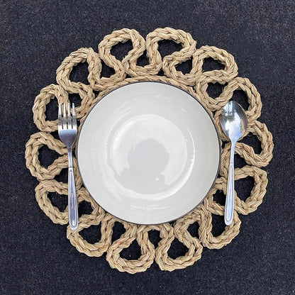 13.8" Set of 12 Round Seagrass Placemats | Boho Woven Rattan Table Mats | Farmhouse Wicker Spring Plate Chargers Like Water Hyacinth, Corn Husk for Wedding, Party, Christmas, Events