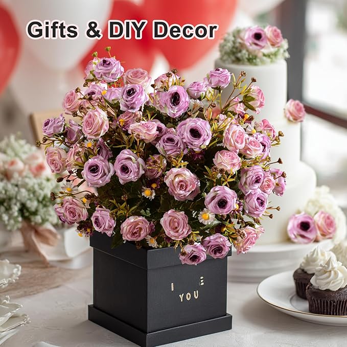 Artificial Flowers for Outdoor 4 Bundles Rose Bouquet with Daisy Faux Flowers UV Resistant for Home Indoor Outside Garden Porch Window Box Balcony Yard Porch Decor (Purple)