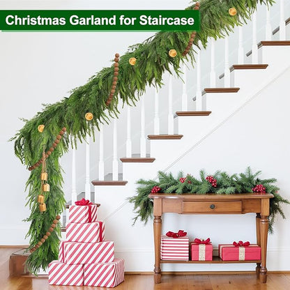 9Ft by 10 Inch Christmas Norfolk Pine Garland,Real Touch Garlands with Norfolk Pine&Cedar Branches,Realistic Soft Thick Artificial Greenery Garland for Mantle Fireplace Stair Outdoor Indoor Decortions