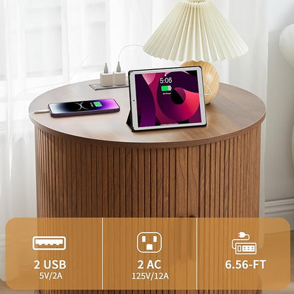 24" Fluted Round Nightstand Set of 2, Mid-Century Large Wooden End Table with Charging Station, Farmhouse Storage Side Table with Sliding Door for Bedroom Living Room (2XRound, Walnut)
