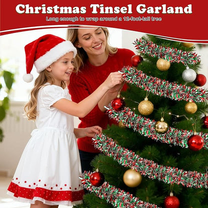 50FT Christmas Tinsel Garland, Red Green&Silver Metallic Twist Shiny Hanging Garland Ornaments for Christmas Tree, Party Supplies Thick Metallic Xmas Streamers