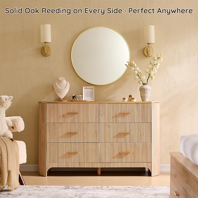 Fluted 6 Drawer Dresser for Bedroom with Curved Profile Design,53.9" W Chest of Drawers with Reeded Texture,Wide Storage Cabinet with Smooth-Glide Drawers,gold metal handle or Living Room,Light Oak