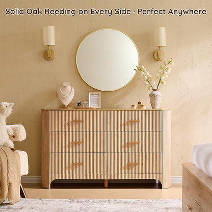 Fluted 6 Drawer Dresser for Bedroom with Curved Profile Design,53.9" W Chest of Drawers with Reeded Texture,Wide Storage Cabinet with Smooth-Glide Drawers,gold metal handle or Living Room,Light Oak