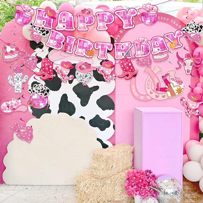 Disco Cowgirl Birthday Party Decorations, Pre-strung Happy Birthday Banners and 12 Hanging Swirls, Western Disco Theme Party Supplies for Girls, Teens, or Adults