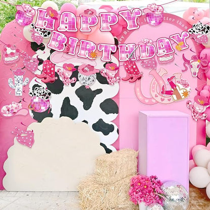 Disco Cowgirl Birthday Party Decorations, Pre-strung Happy Birthday Banners and 12 Hanging Swirls, Western Disco Theme Party Supplies for Girls, Teens, or Adults