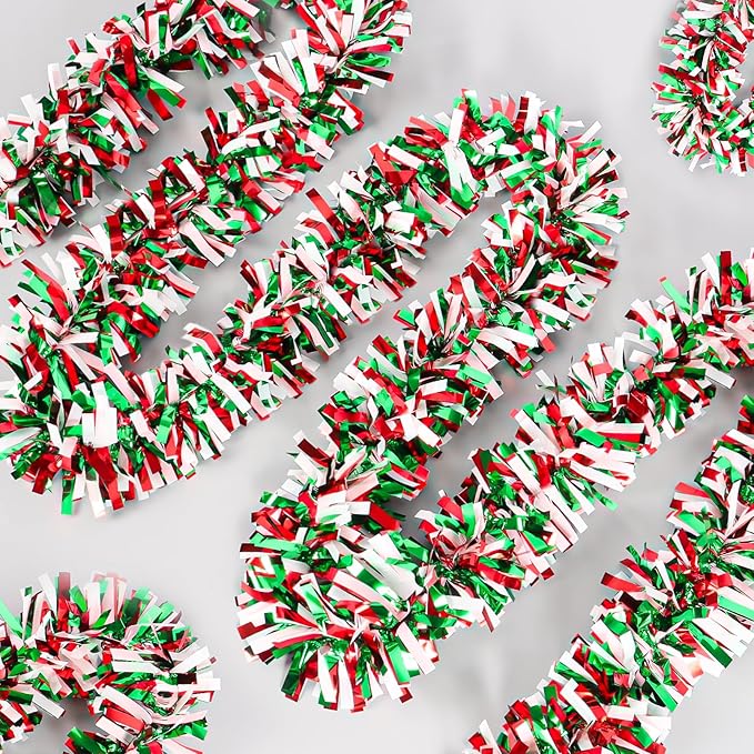 50Ft Christmas Tinsel Garland - Red Green White Shiny Metallic Twist Decor for Christmas Tree Home Stairs Railing Front Door Mantle Fireplace Indoor Outdoor Holiday Party