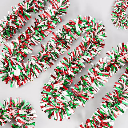 50Ft Christmas Tinsel Garland - Red Green White Shiny Metallic Twist Decor for Christmas Tree Home Stairs Railing Front Door Mantle Fireplace Indoor Outdoor Holiday Party
