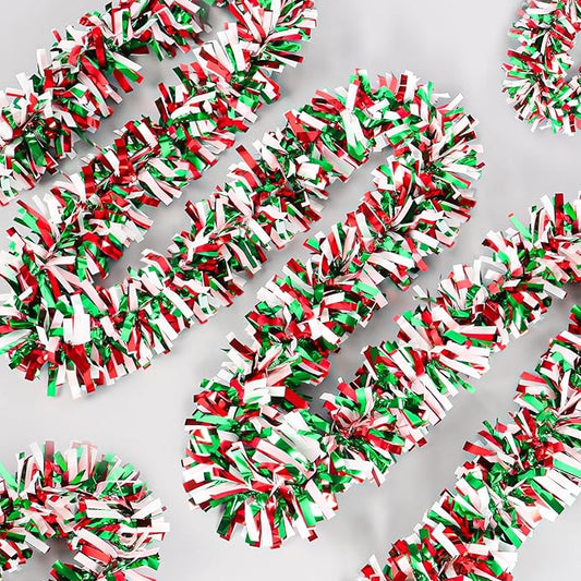 50Ft Christmas Tinsel Garland - Red Green White Shiny Metallic Twist Decor for Christmas Tree Home Stairs Railing Front Door Mantle Fireplace Indoor Outdoor Holiday Party