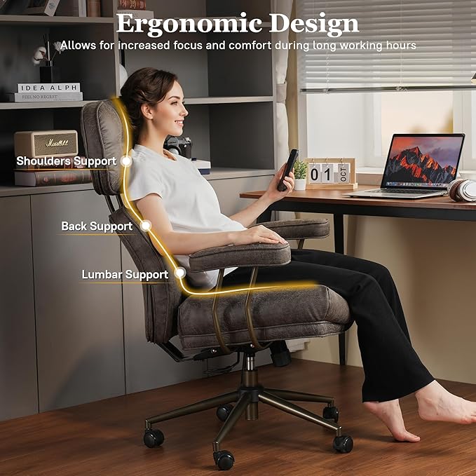 Mid Century Modren Big and Tall Office Chair,Large Ergonomic Executive Chair for Heavy Duty People, Desk Task Chair with Wheels, Faux Lether Fabric Wide Chair for Home Sturdy,Grey