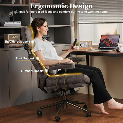 Mid Century Modren Big and Tall Office Chair,Large Ergonomic Executive Chair for Heavy Duty People, Desk Task Chair with Wheels, Faux Lether Fabric Wide Chair for Home Sturdy,Grey