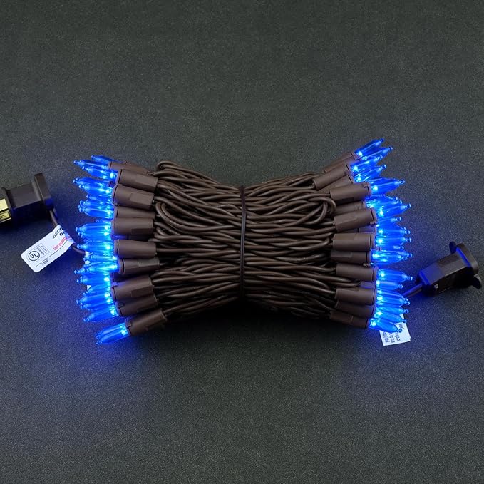 YULETIME Blue LED Christmas Lights with Brown Wire, 33 ft 100 Count UL Certified Commercial Grade Holiday String Light Set (Blue - Brown Wire)