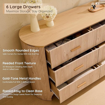Fluted 6 Drawer Dresser for Bedroom with Curved Profile Design,53.9" W Chest of Drawers with Reeded Texture,Wide Storage Cabinet with Smooth-Glide Drawers,gold metal handle or Living Room,Light Oak