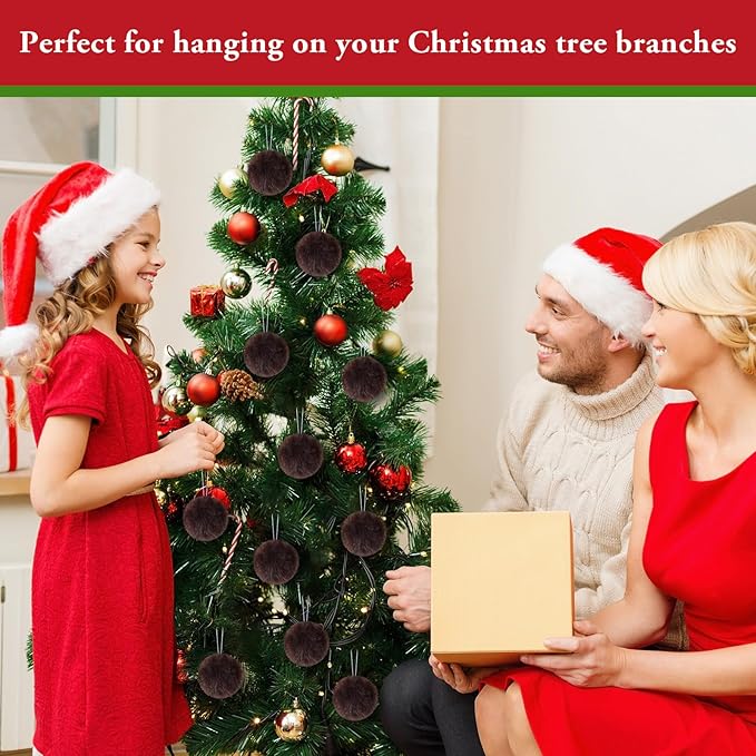 12Pcs Furry Christmas Ball Ornament for Xmas Tree Brown Soft Faux Fur Pom Pom Ball Ornaments Christmas Tree Hanging Decorations for Winter Party Home Decor Costume Supplies