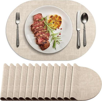 Placemats Set of 12 Washable, Heat Resistant Table Placemats Wipeable Faux Leather Oval Place Mats Non Slip, Waterproof Oval Table Mats for Indoor Outdoor, Beige
