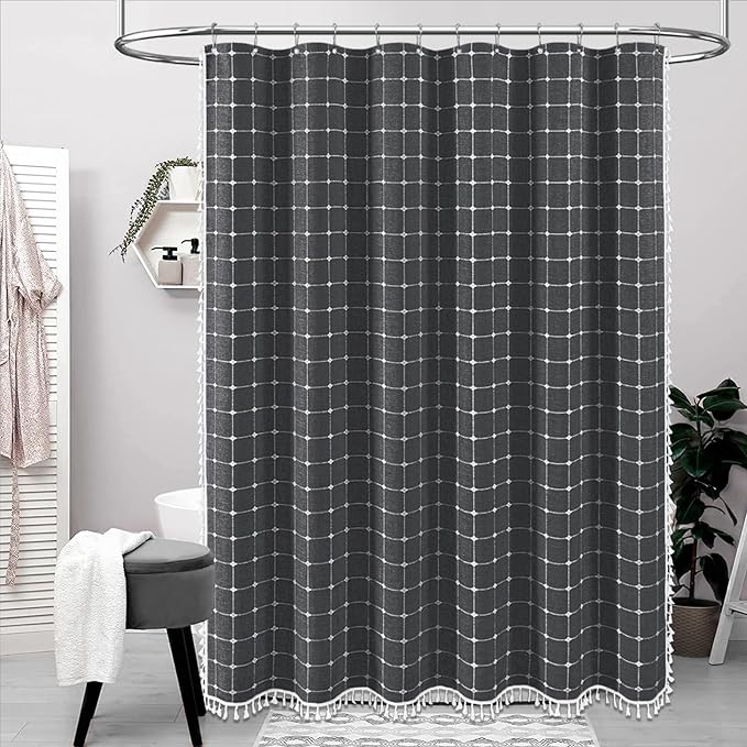 BTTN Extra Long Shower Curtain - 72x84 Inch Long Boho Chic Tassel Linen Fabric Shower Curtain Set with Hooks, Tall Modern Farmhouse Heavy Duty Cloth Shower Curtains for Bathroom - Charcoal Grey/Gray