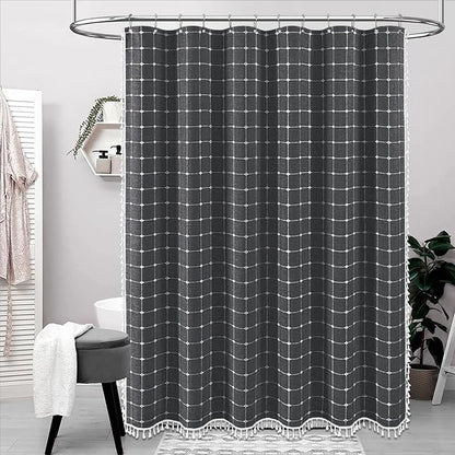 BTTN Extra Long Shower Curtain - 72x84 Inch Long Boho Chic Tassel Linen Fabric Shower Curtain Set with Hooks, Tall Modern Farmhouse Heavy Duty Cloth Shower Curtains for Bathroom - Charcoal Grey/Gray