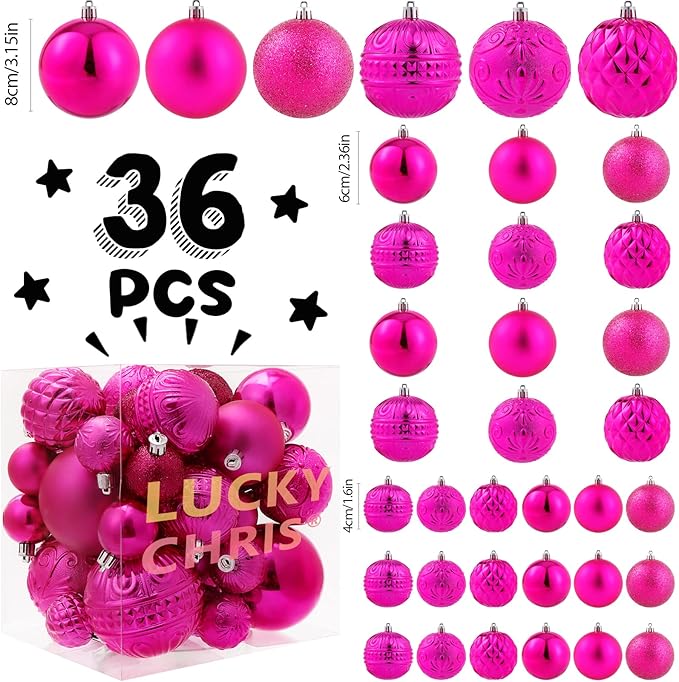 Christmas Ball Ornaments Fuchsia Pink Christmas Tree Decorations with Hang Rope-36pcs Shatterproof Christmas Ornaments Set with 6 Styles in 3 Sizes(Small Medium Large)