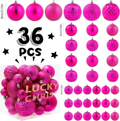 Christmas Ball Ornaments Fuchsia Pink Christmas Tree Decorations with Hang Rope-36pcs Shatterproof Christmas Ornaments Set with 6 Styles in 3 Sizes(Small Medium Large)
