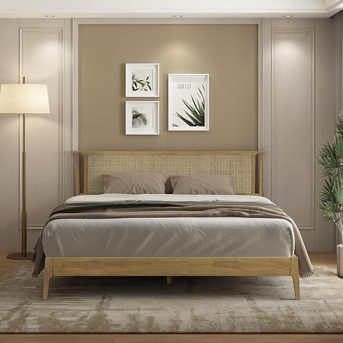 NTC Ruby Wooden Bed Frame with Headboard, Solid Wood Foundation with Silent Slats and Wood Central Supports, 1000 Lb Capacity, Effortless Assembly, Multiple Sizes and Colors (Sand, King)