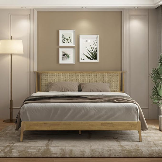 NTC Ruby Wooden Bed Frame with Headboard, Solid Wood Foundation with Silent Slats and Wood Central Supports, 1000 Lb Capacity, Effortless Assembly, Multiple Sizes and Colors (Sand, King)