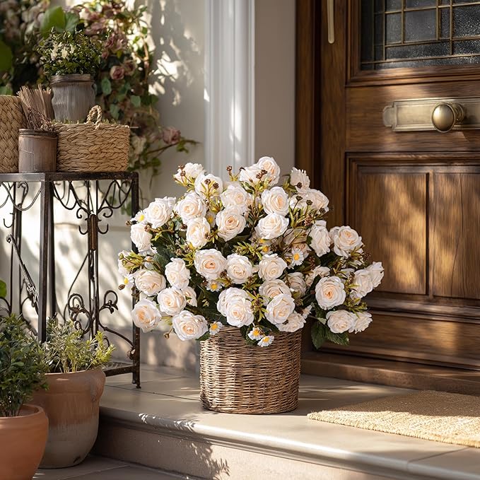 Artificial Rose Flowers for Outdoor 4 Bundles Rose Bouquet with Daisy Faux Flowers UV Resistant for Home Indoor Outside Garden Porch Window Box Balcony Yard Porch Decor (White)