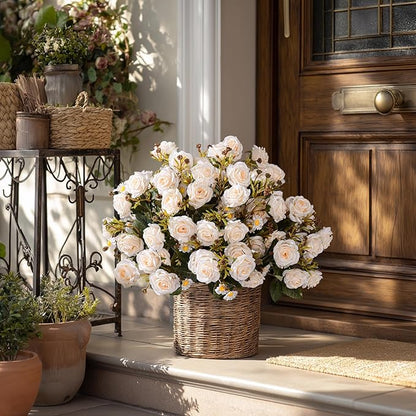 Artificial Rose Flowers for Outdoor 4 Bundles Rose Bouquet with Daisy Faux Flowers UV Resistant for Home Indoor Outside Garden Porch Window Box Balcony Yard Porch Decor (White)