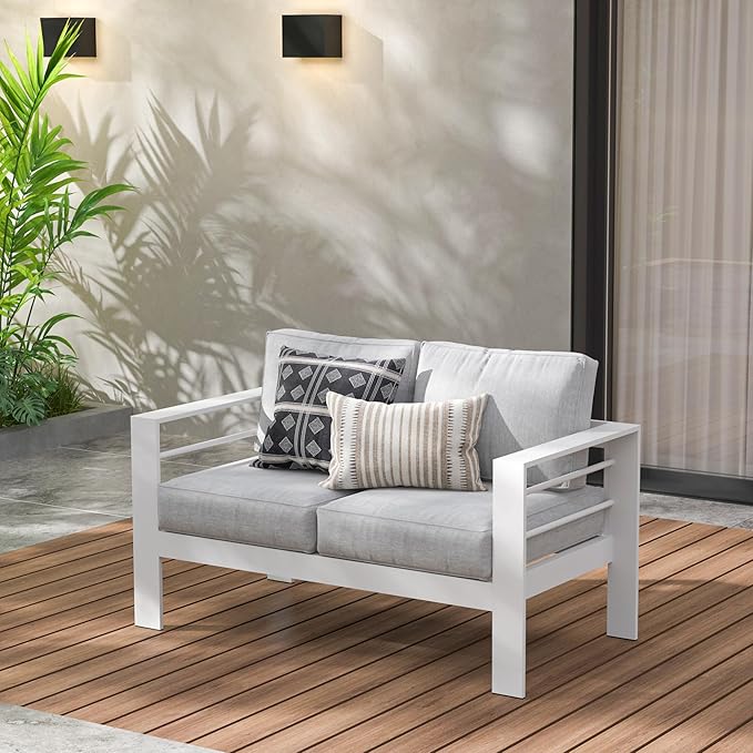 Wisteria Lane Patio Furniture Aluminum Loveseat, All-Weather Outdoor 2 Seats Outdoor Chair, White Metal Chair with Light Grey Cushions