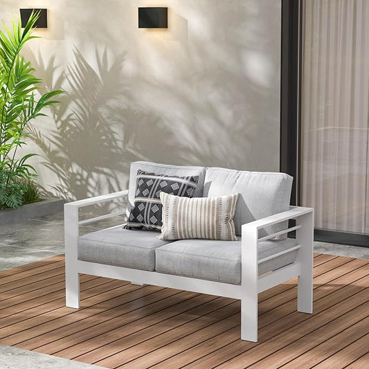 Wisteria Lane Patio Furniture Aluminum Loveseat, All-Weather Outdoor 2 Seats Outdoor Chair, White Metal Chair with Light Grey Cushions