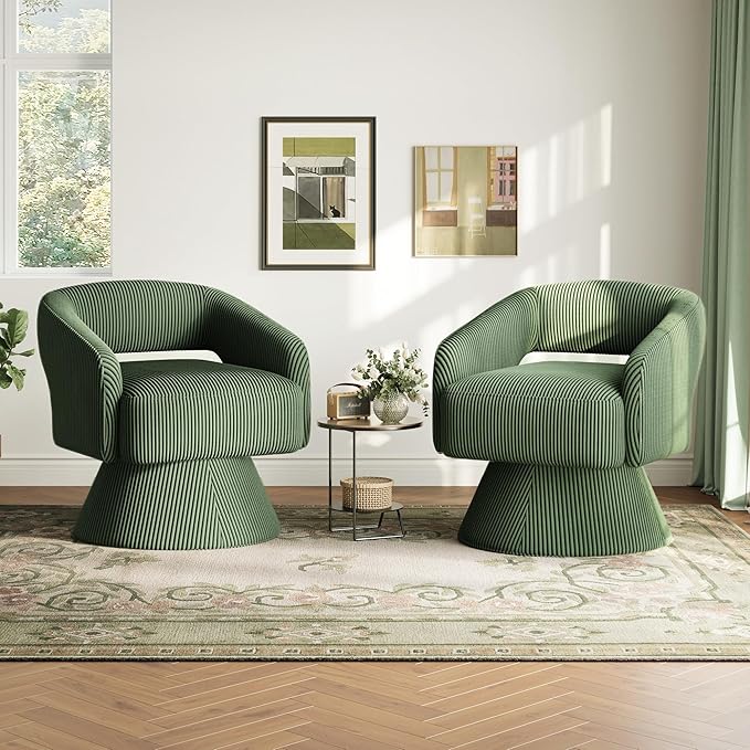 LINSY Swivel Barrel Chair, 360 Modern Swivel Accent Chair Boucle Swivel Chair Round, Green Corduroy Chairs with Arms, Small Barrel Chair for Small Spaces Bedroom Living Room